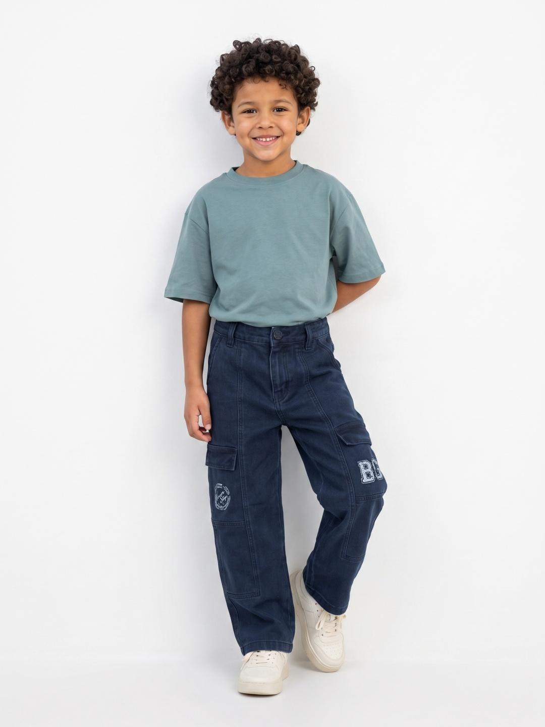 Blue Giraffe Boys Blue Straight Fit Cargo Solid Jeans