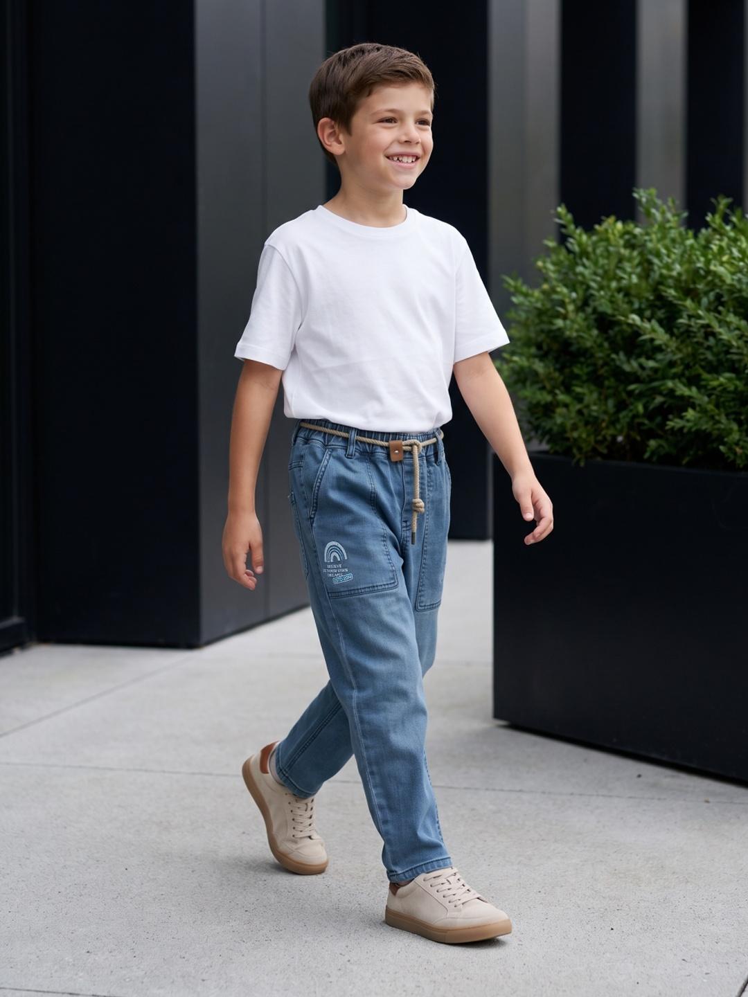 Blue Giraffe Boys Blue Solid Balloon Fit Jeans With Rope Belt