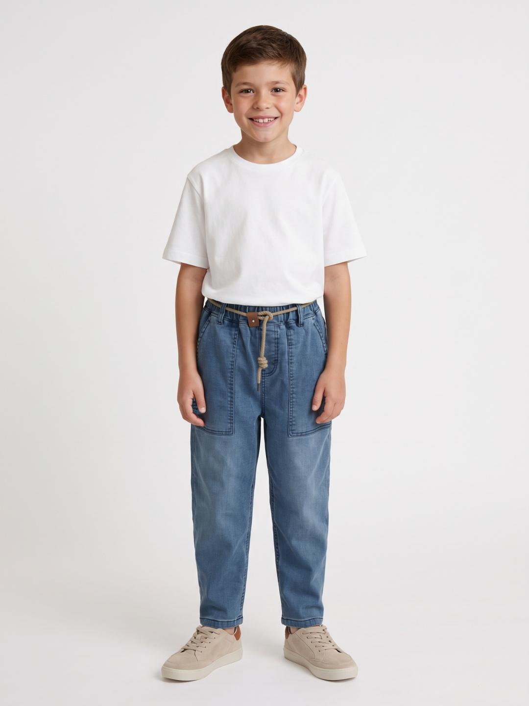 Blue Giraffe Boys Blue Solid Balloon Fit Jeans With Rope Belt