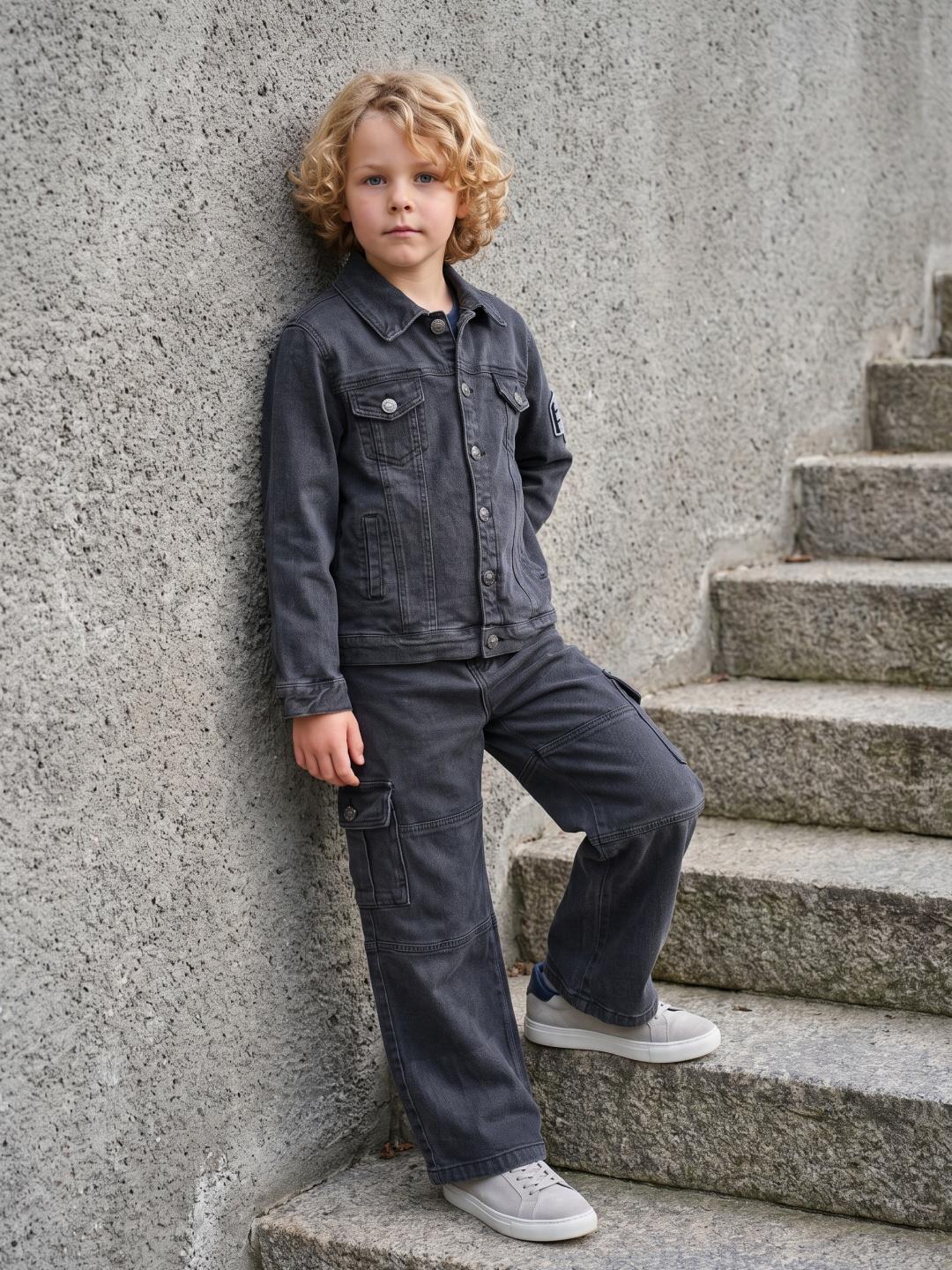 Blue Giraffe Boys Grey Cargo Pockets Stretchable Solid Jeans