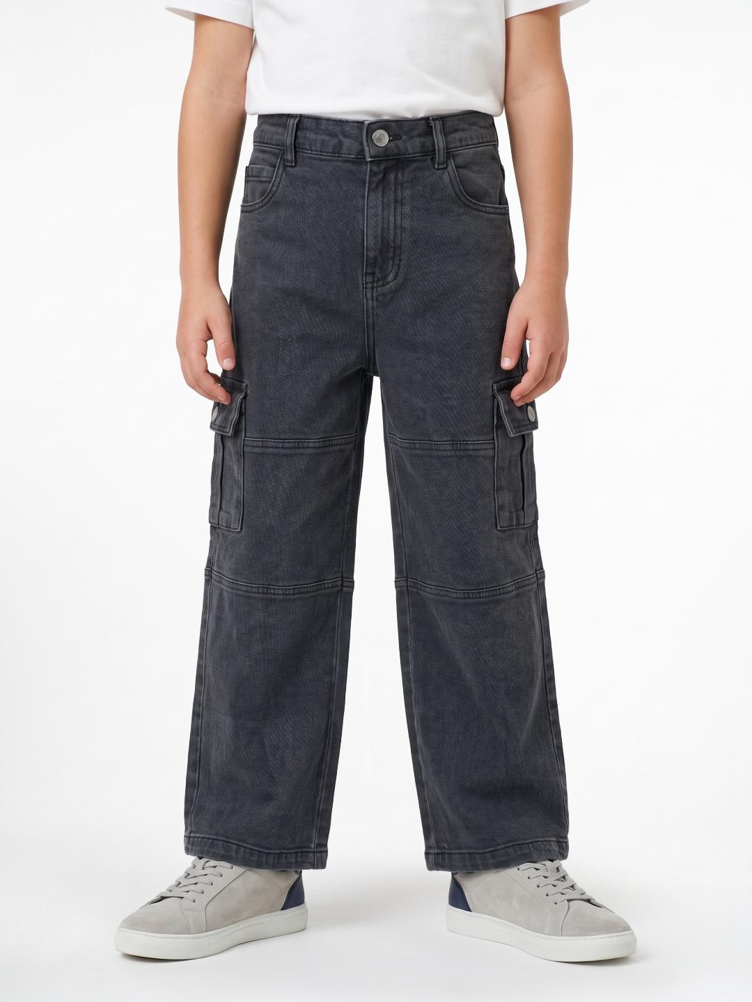 Blue Giraffe Boys Grey Cargo Pockets Stretchable Solid Jeans