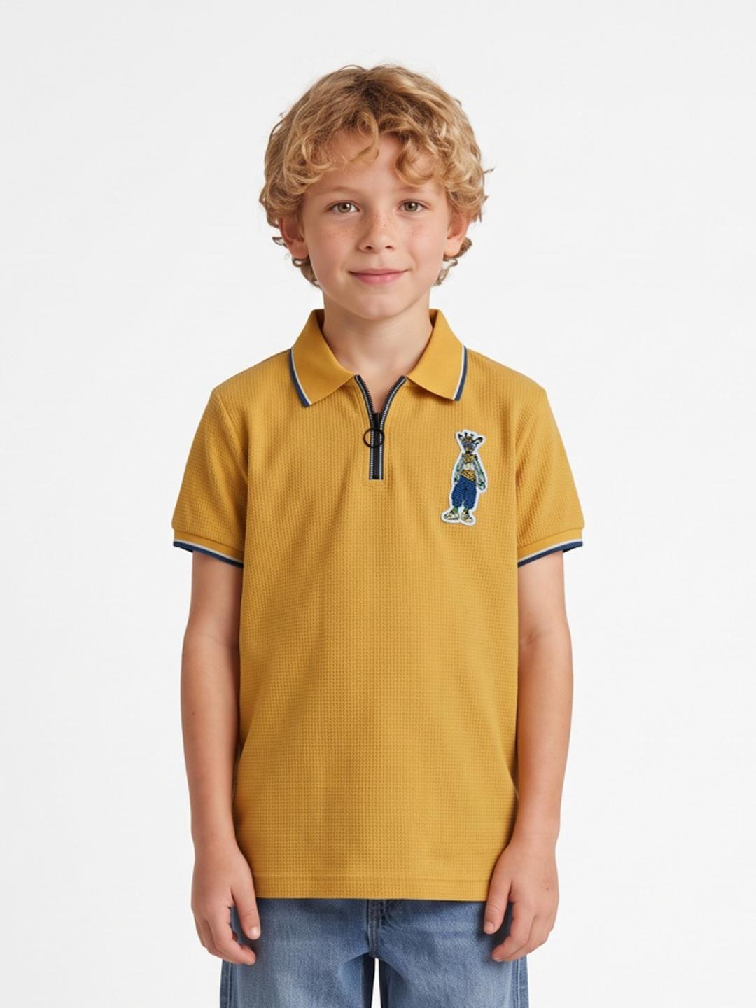 Blue Giraffe Boys Yellow Solid Regular Fit Cotton Polo T-Shirt