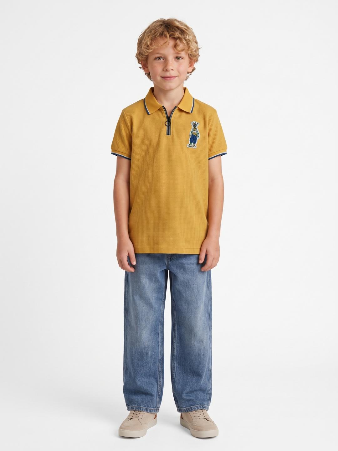 Blue Giraffe Boys Yellow Solid Regular Fit Cotton Polo T-Shirt