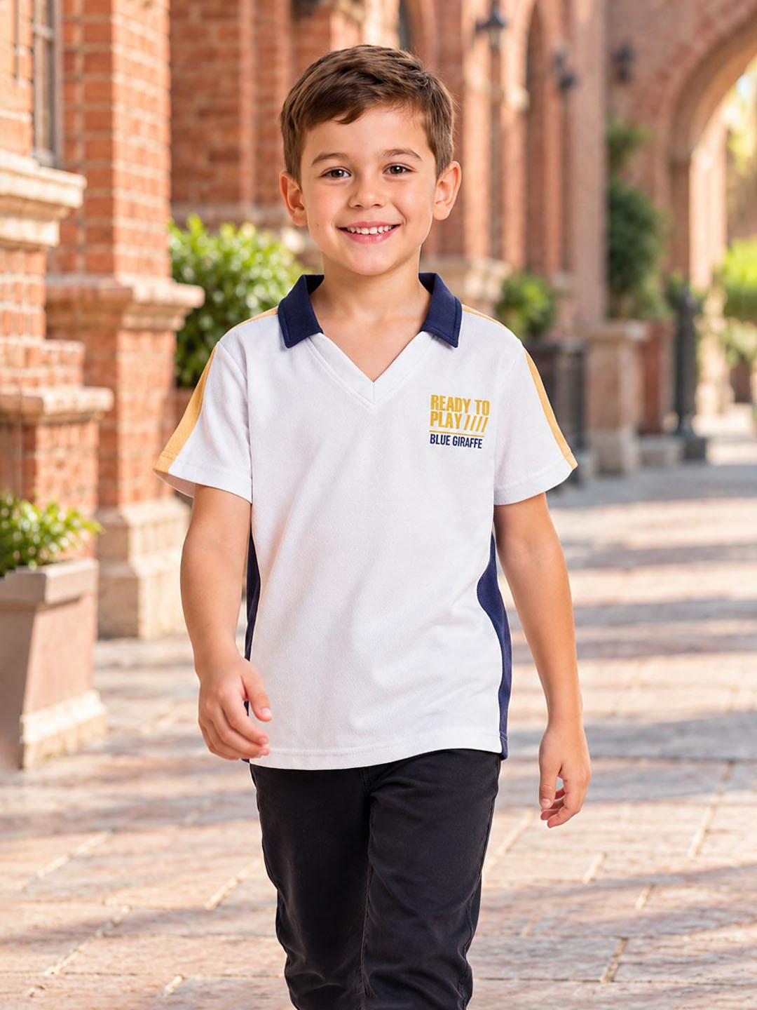 Blue Giraffe Boys White Solid Regular Fit Polo T-Shirt