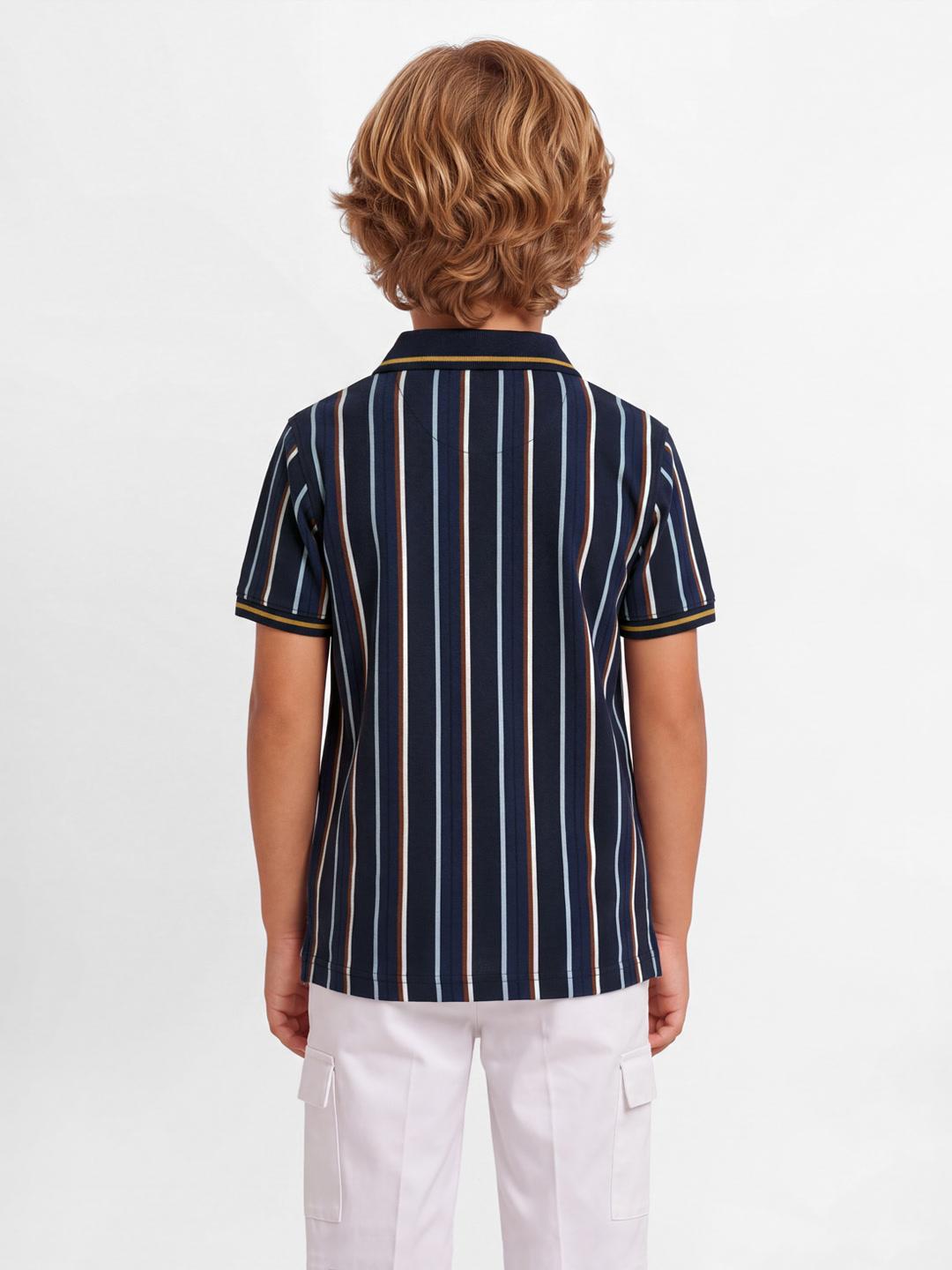 Blue Giraffe Boys Dark Navy Striped Regular Fit Polo T-Shirt