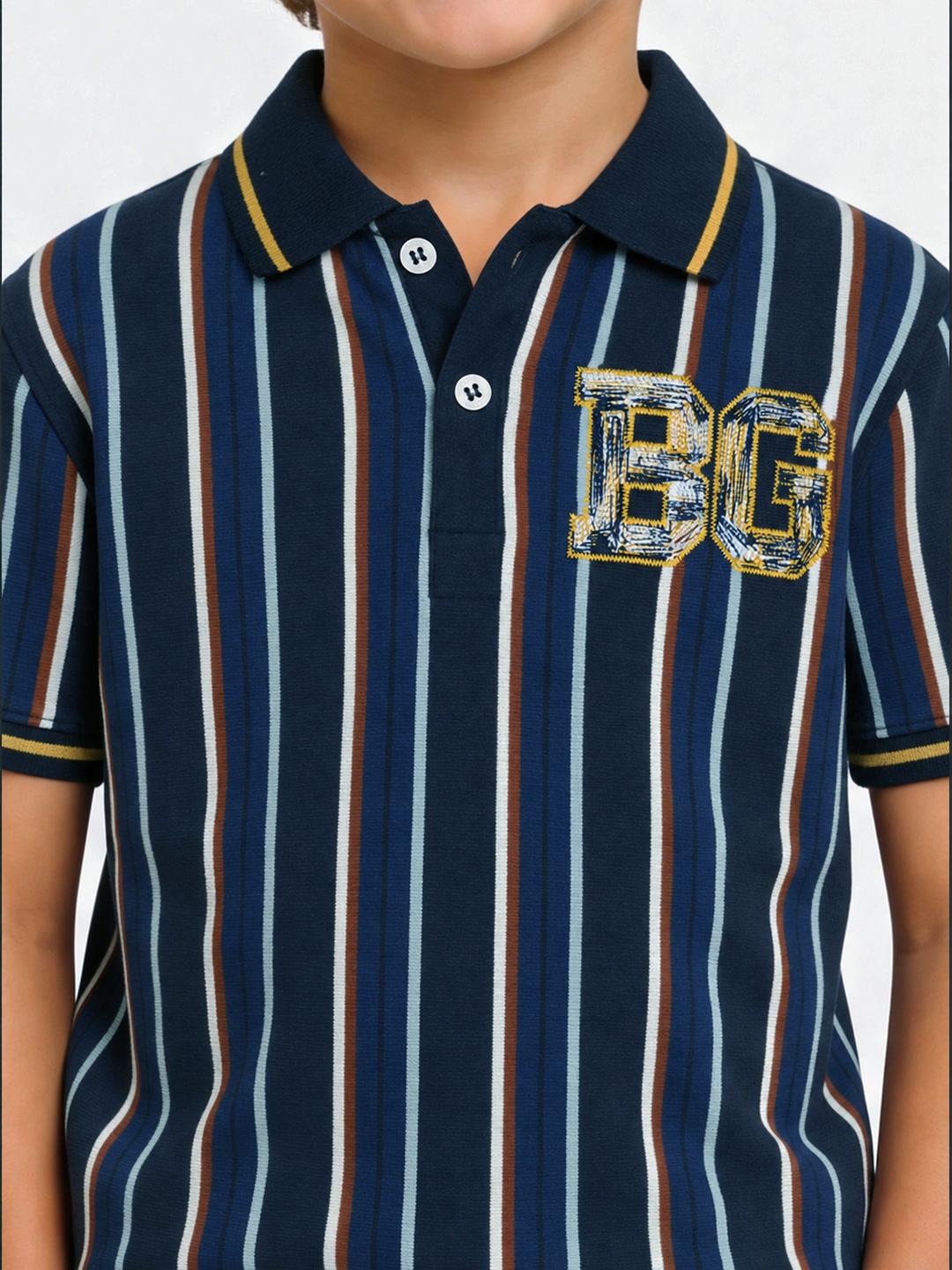 Blue Giraffe Boys Dark Navy Striped Regular Fit Polo T-Shirt