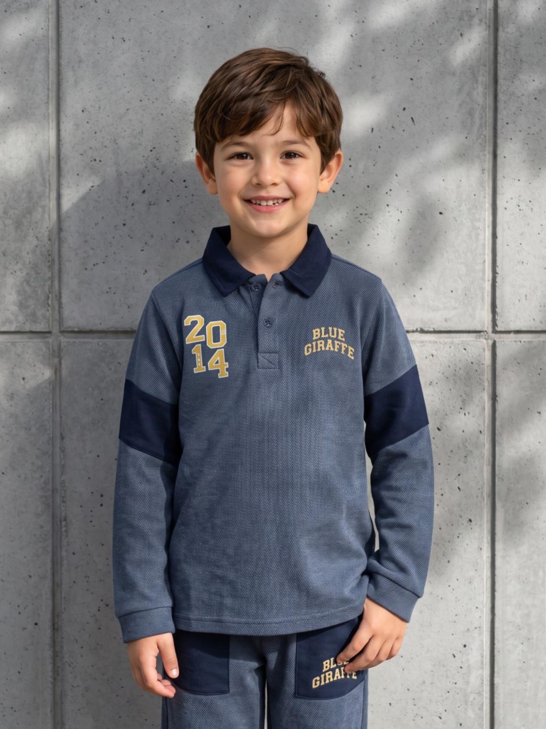 Blue Giraffe Boys Blue Striped Regular Fit Cotton Polo T-Shirt