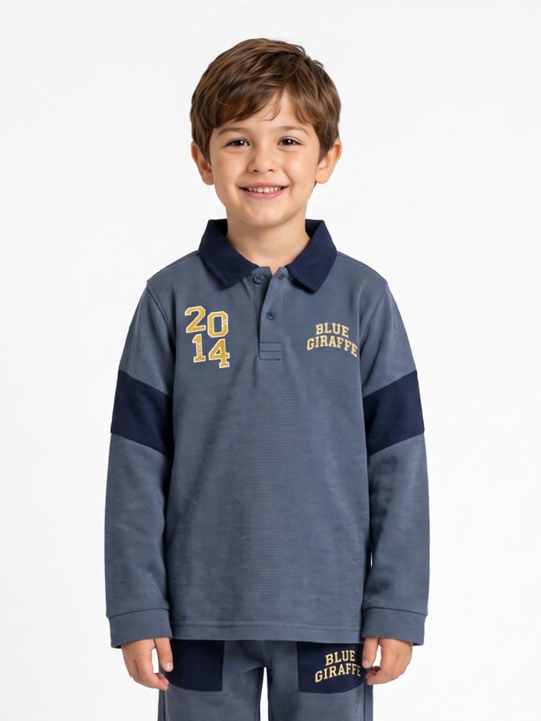 Blue Giraffe Boys Blue Striped Regular Fit Cotton Polo T-Shirt