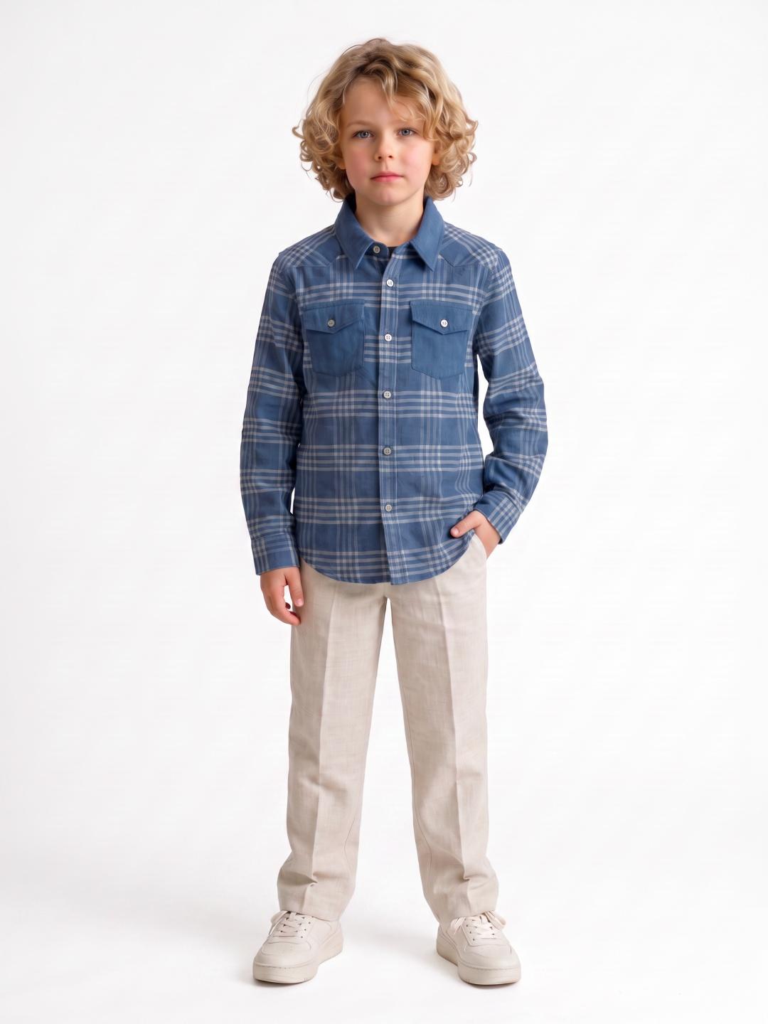 Blue Giraffe Boys Regular Fit Blue Checked Pure Cotton Shirt