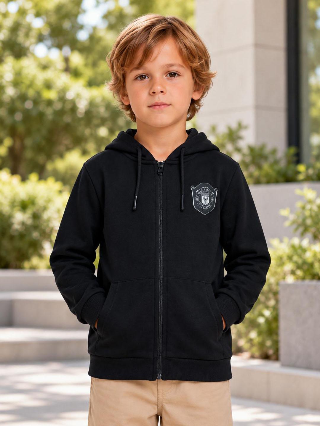 Blue Giraffe Boys Black Solid Regular Fit Cotton Sweatshirt