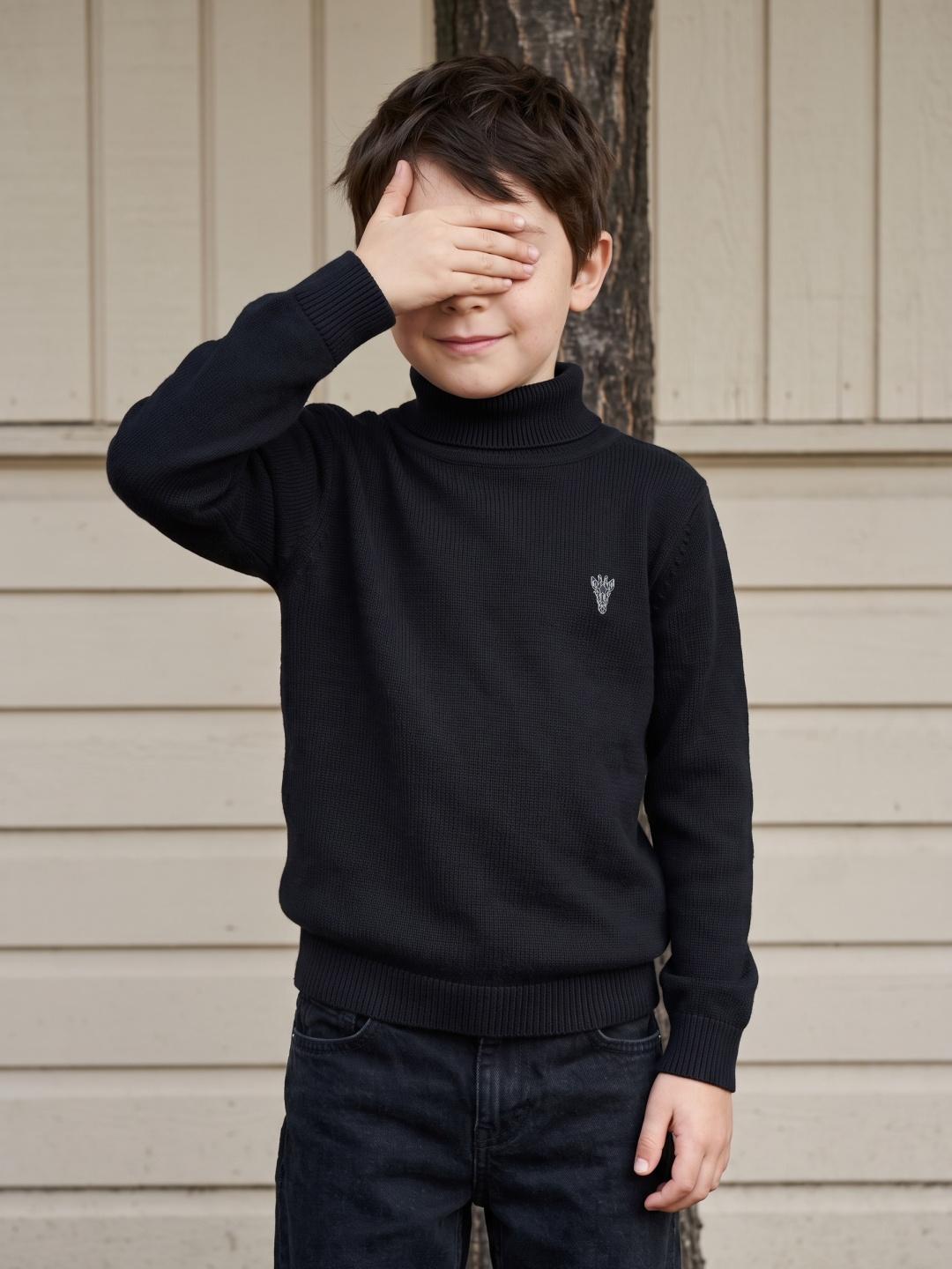 Blue Giraffe Boys Regular Fit Black Solid Pure Cotton Sweater