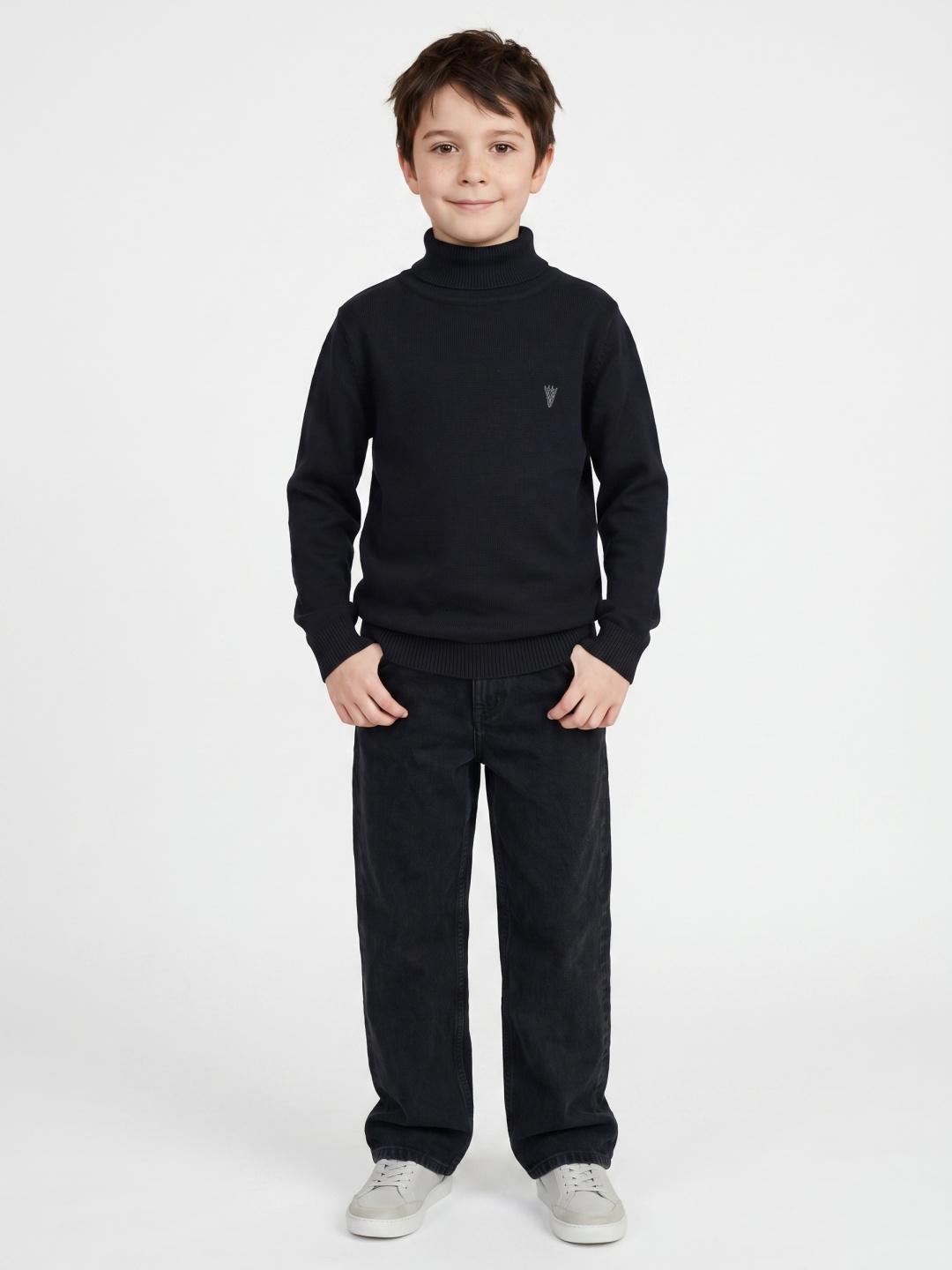 Blue Giraffe Boys Regular Fit Black Solid Pure Cotton Sweater