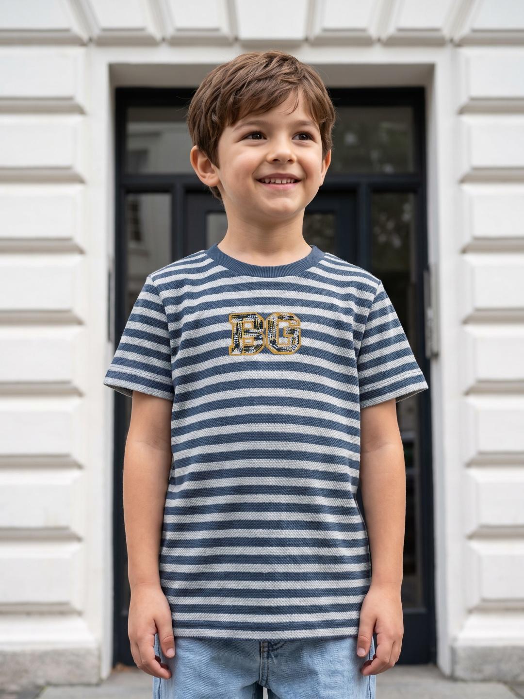 Blue Giraffe Boys Blue Striped Regular Fit T-Shirt