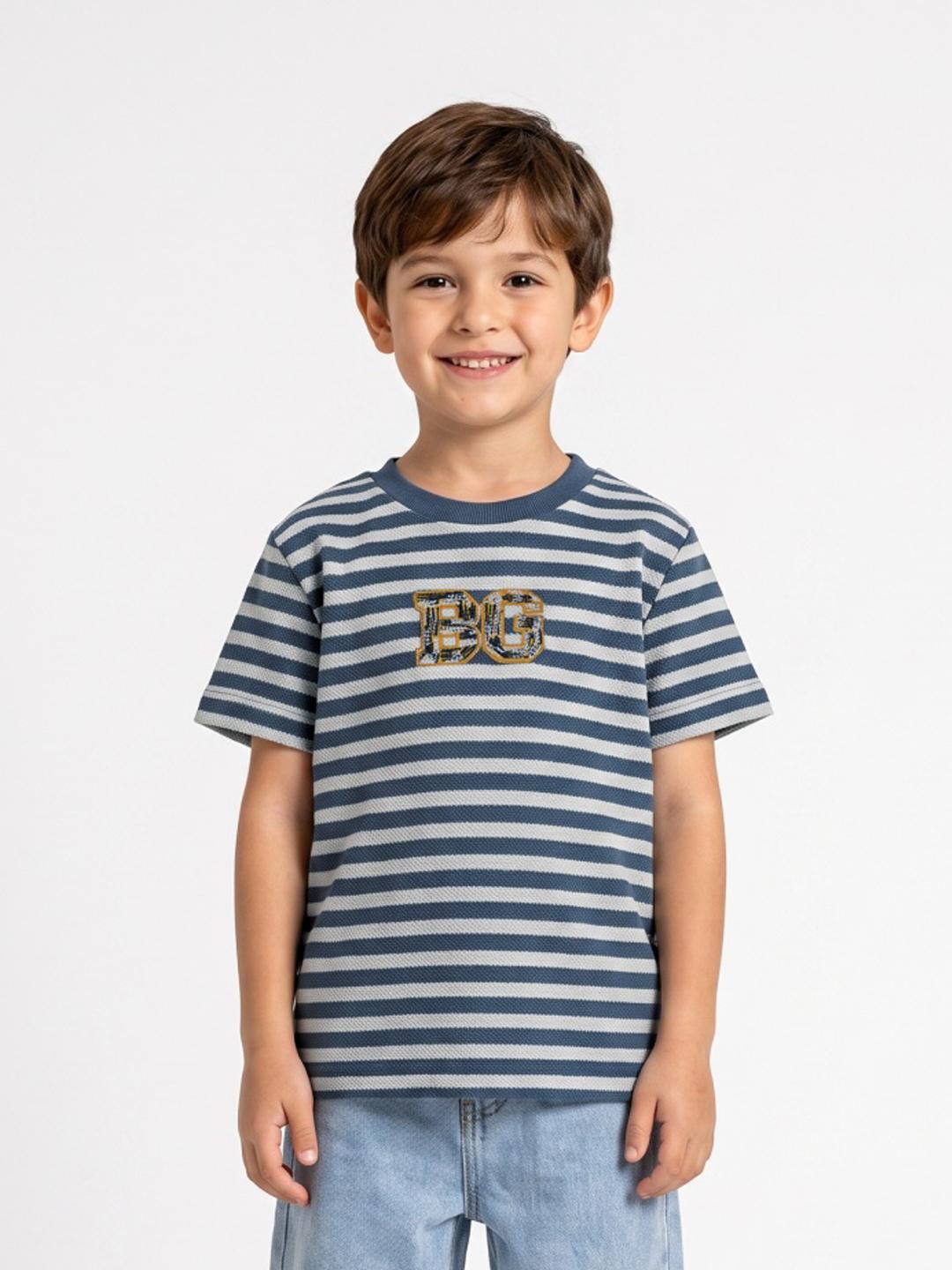 Blue Giraffe Boys Blue Striped Regular Fit T-Shirt