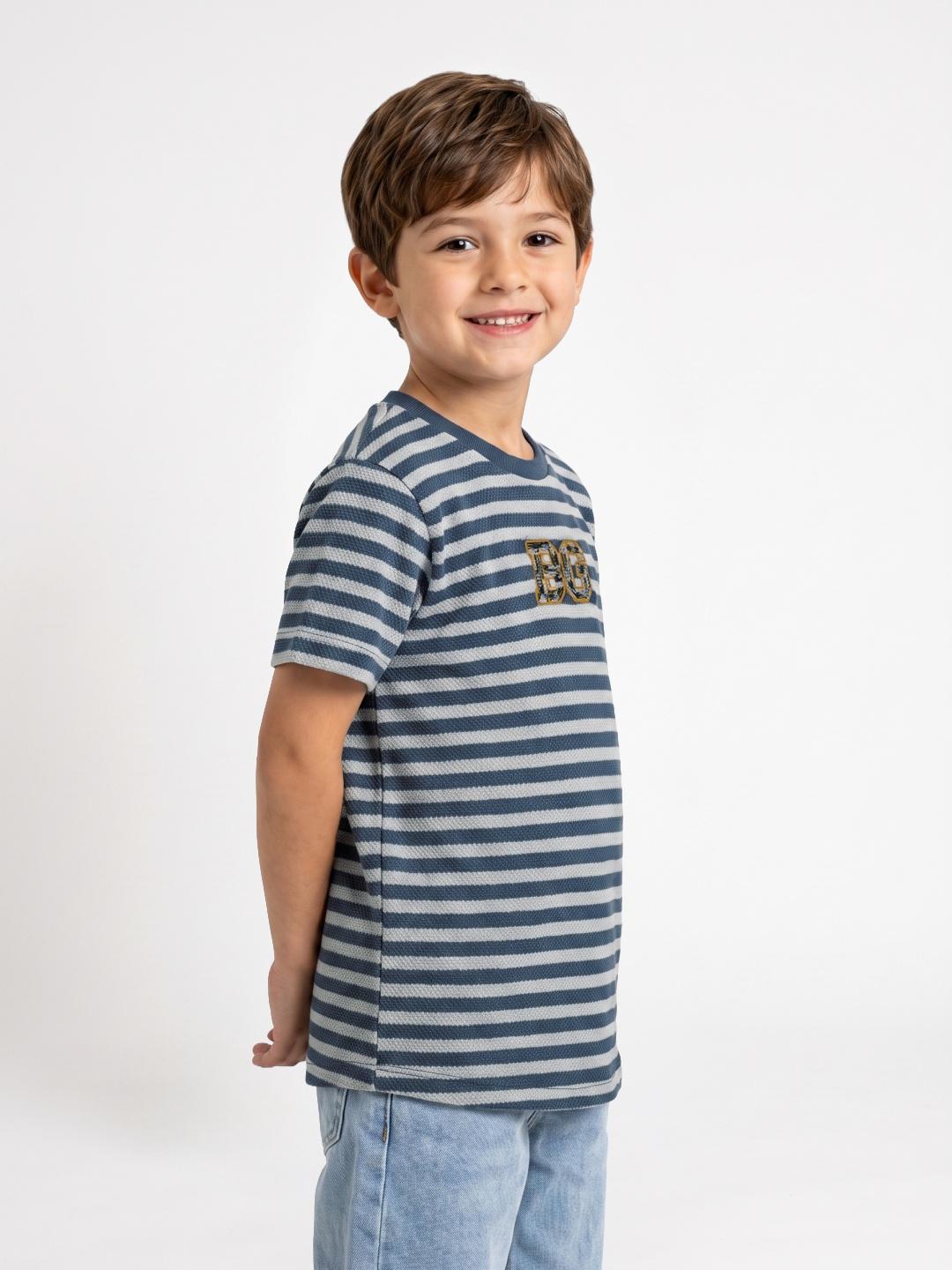 Blue Giraffe Boys Blue Striped Regular Fit T-Shirt