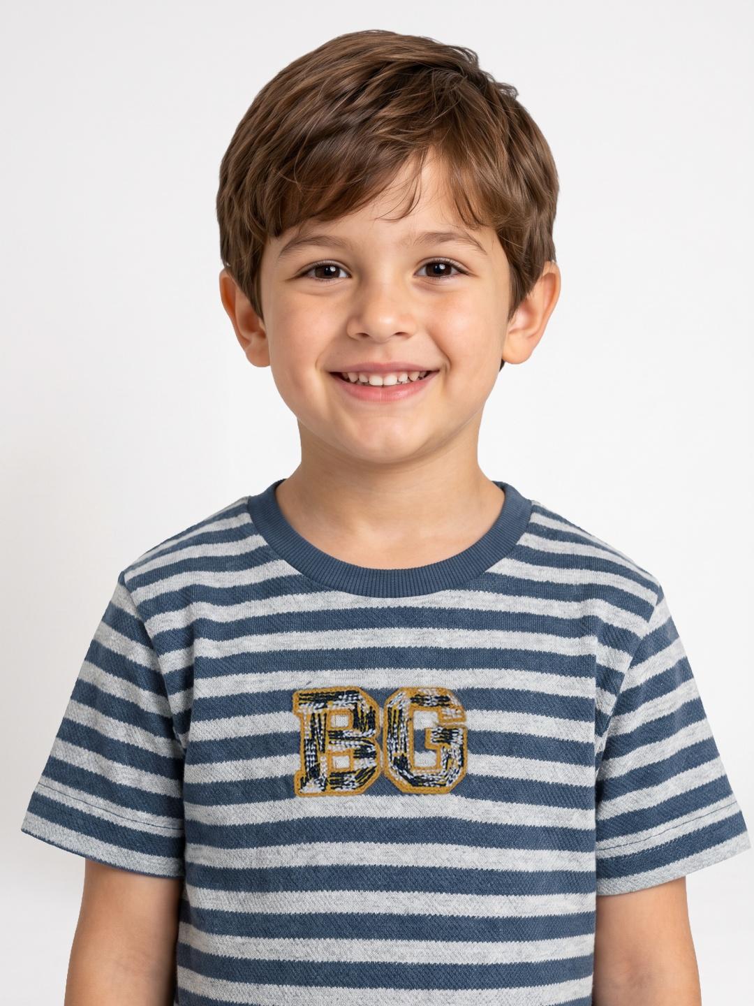 Blue Giraffe Boys Blue Striped Regular Fit T-Shirt