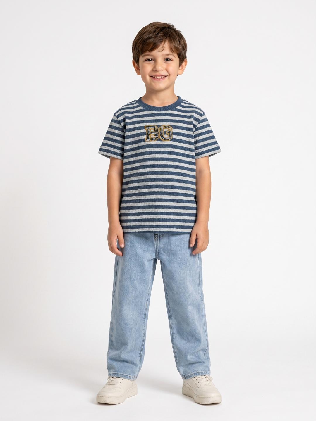 Blue Giraffe Boys Blue Striped Regular Fit T-Shirt