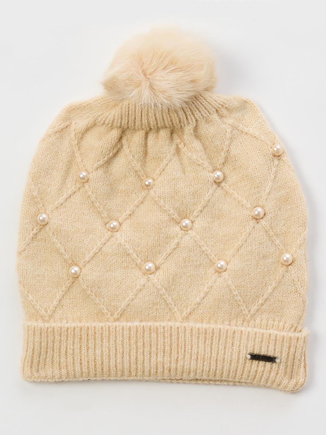 Blue Giraffe Girls Beige Embellished Stretchable Beanies