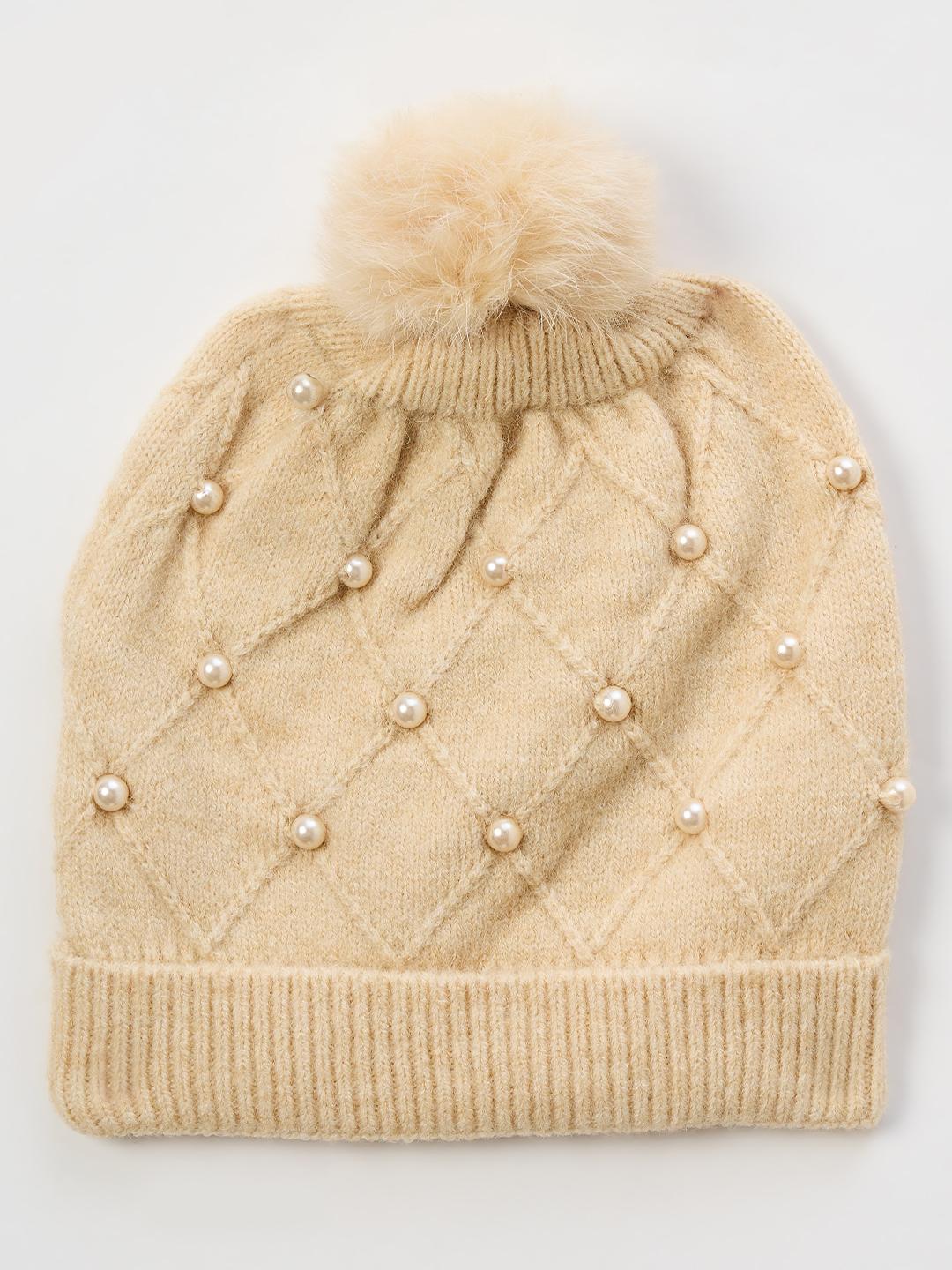 Blue Giraffe Girls Beige Embellished Stretchable Beanies