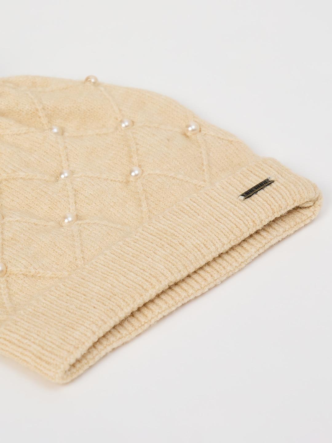 Blue Giraffe Girls Beige Embellished Stretchable Beanies