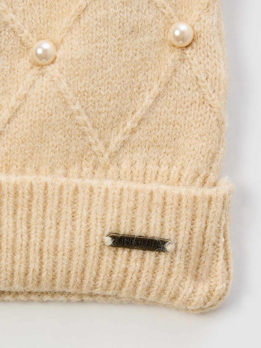 Blue Giraffe Girls Beige Embellished Stretchable Beanies