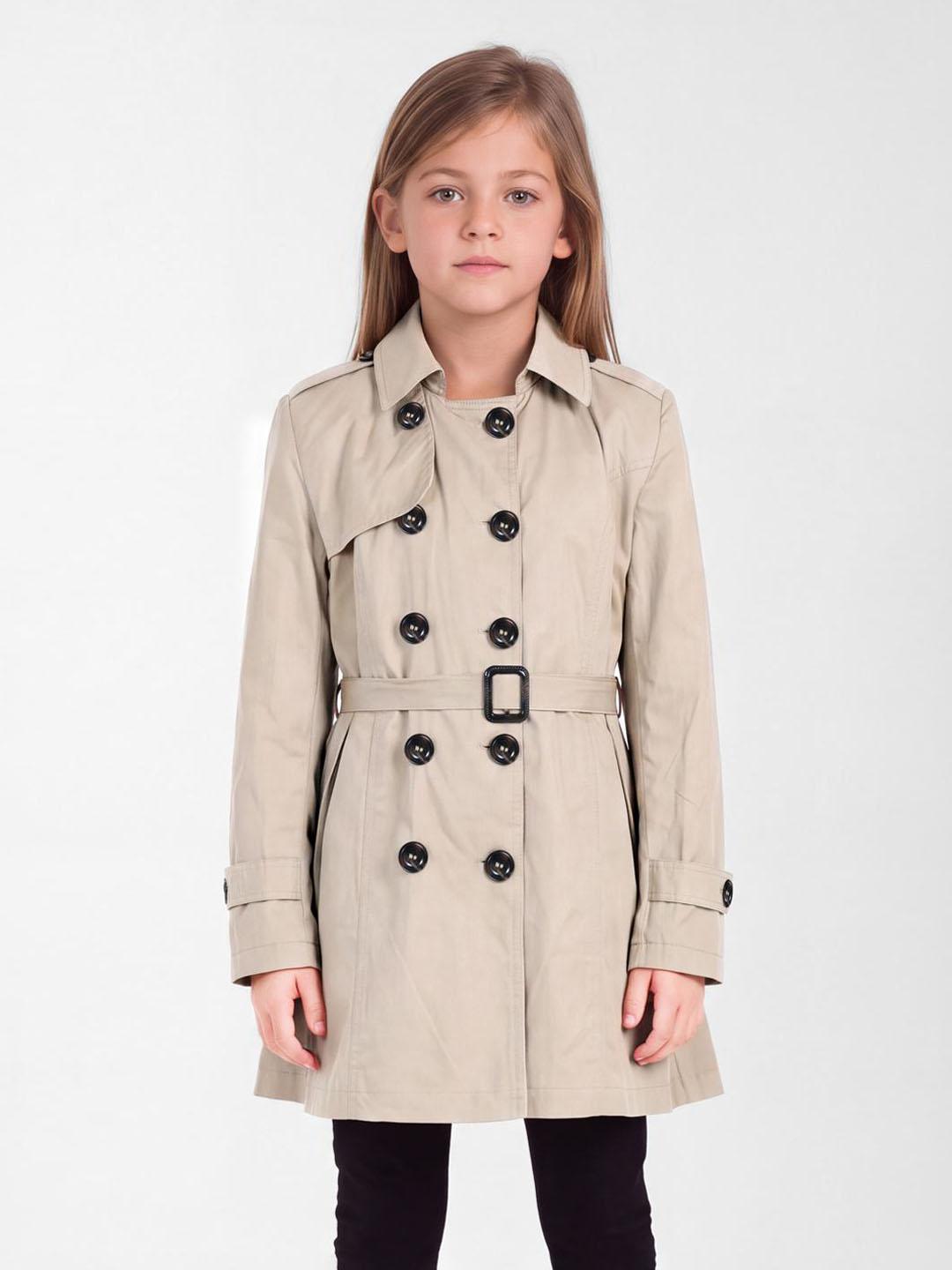 Blue Giraffe Girls Beige Solid Flared Fit Overcoat