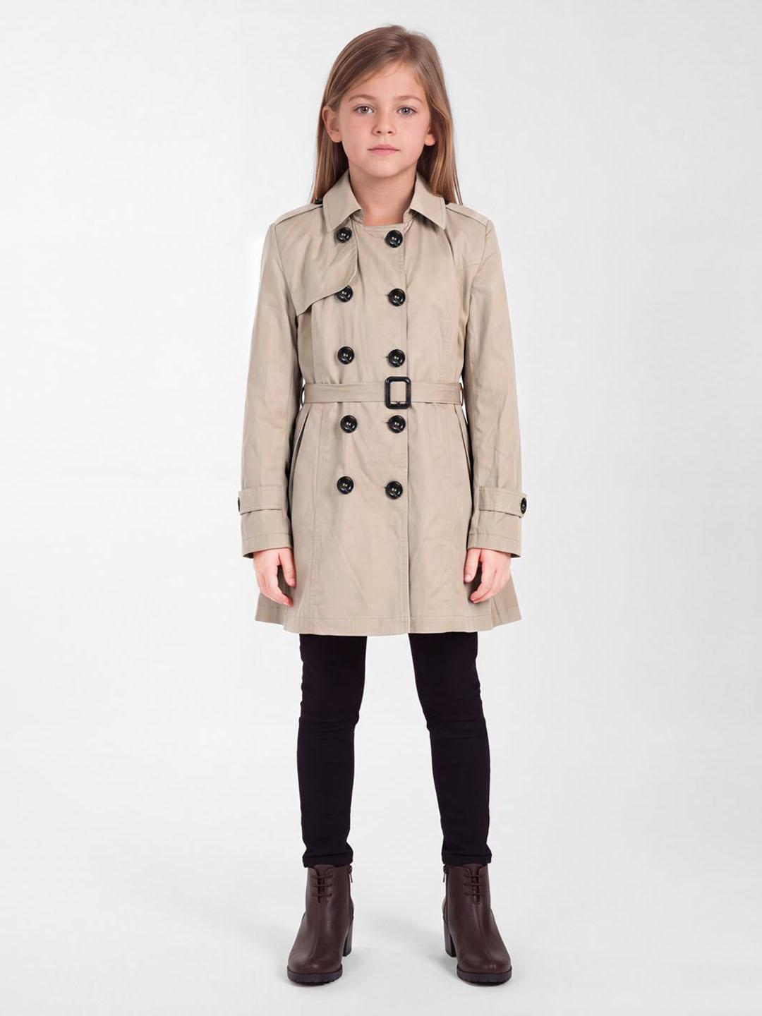 Blue Giraffe Girls Beige Solid Flared Fit Overcoat