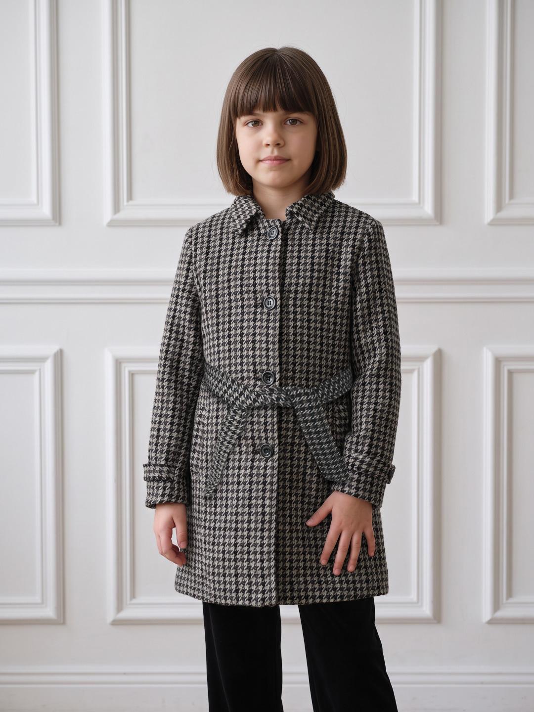 Blue Giraffe Girls Multi Regular Fit Houndstooth Overcoat With Belt