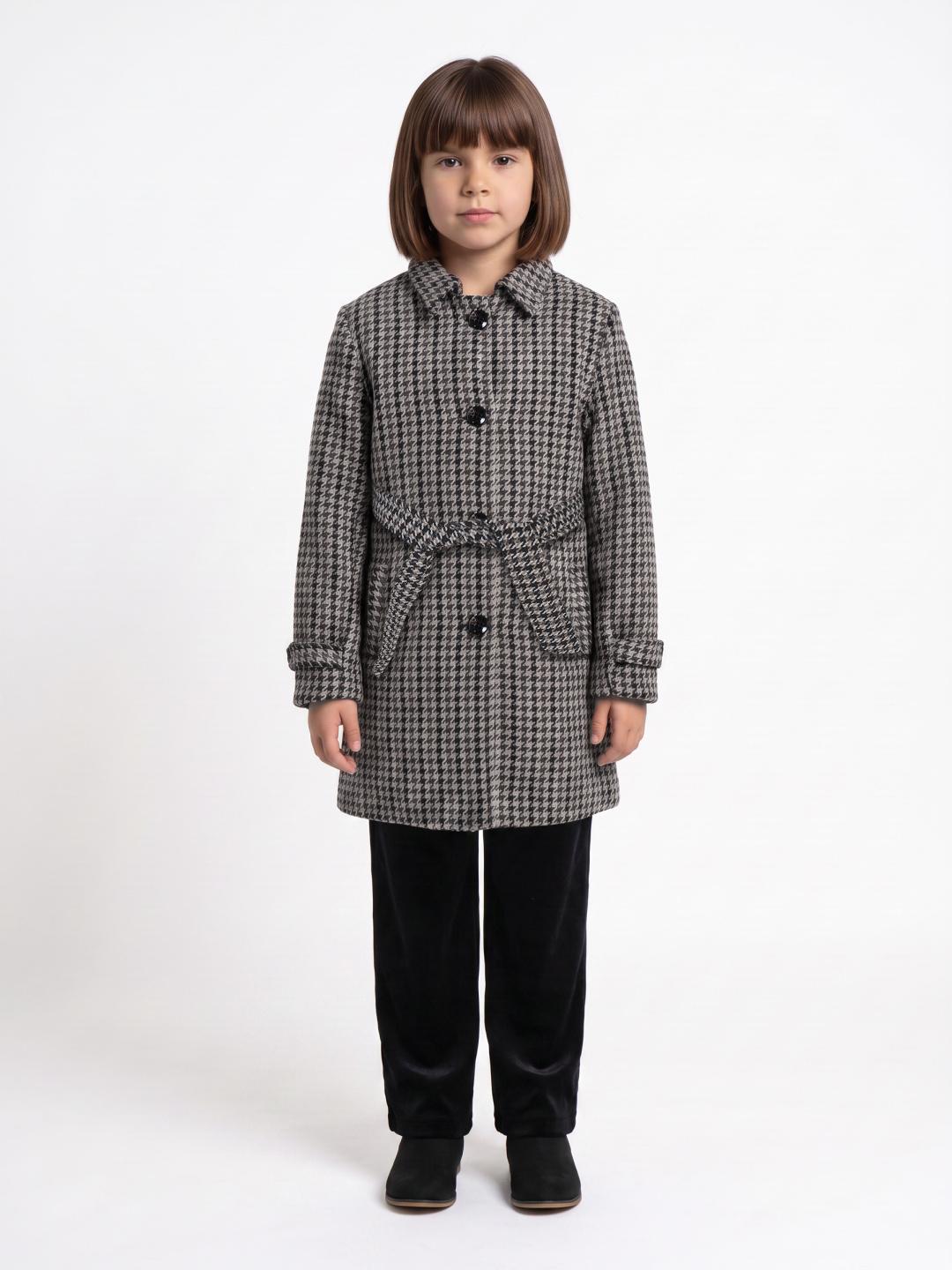 Blue Giraffe Girls Multi Regular Fit Houndstooth Overcoat With Belt