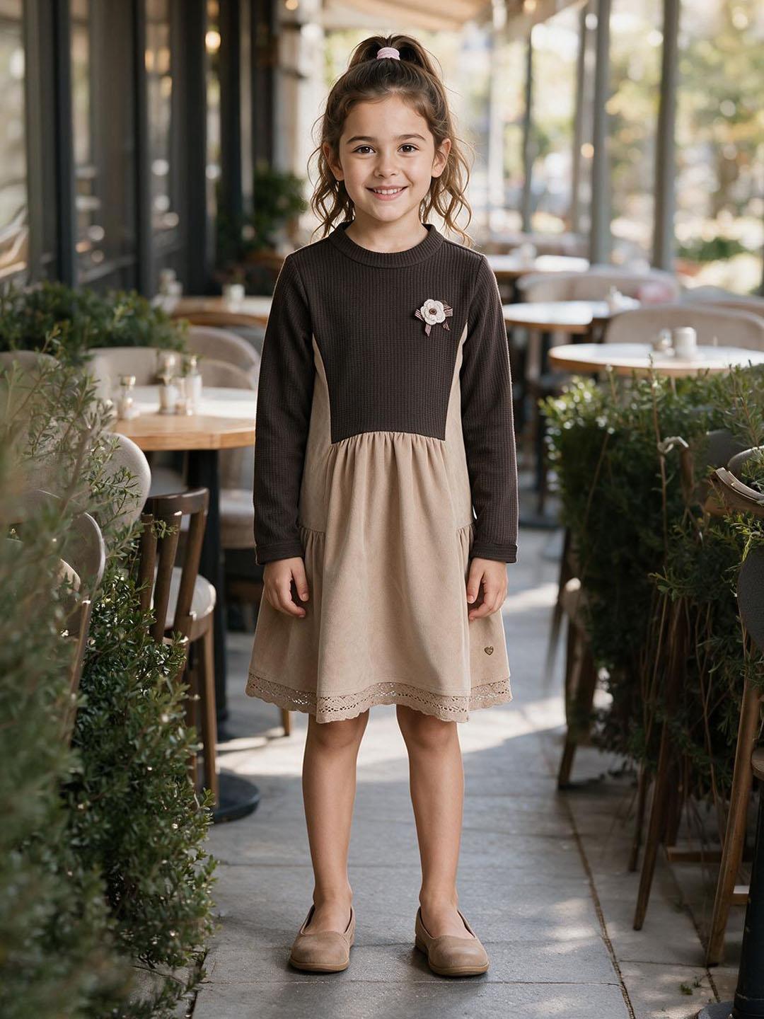 Blue Giraffe Girls Brown Solid Flared Fit Dress