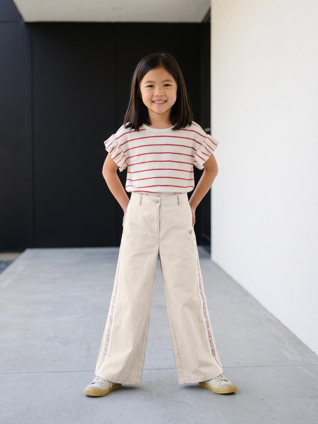 Blue Giraffe Girls Beige Solid Regular Fit Pant