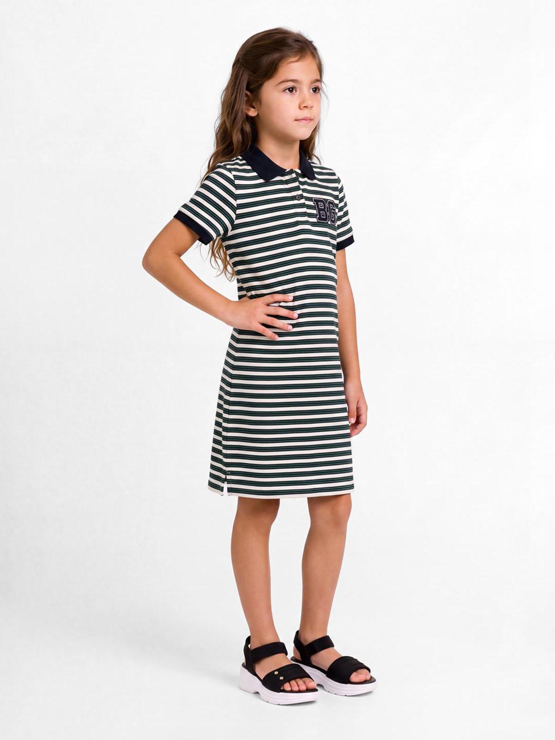 Blue Giraffe Girls Green Striped Straight Fit Stretchable Dress