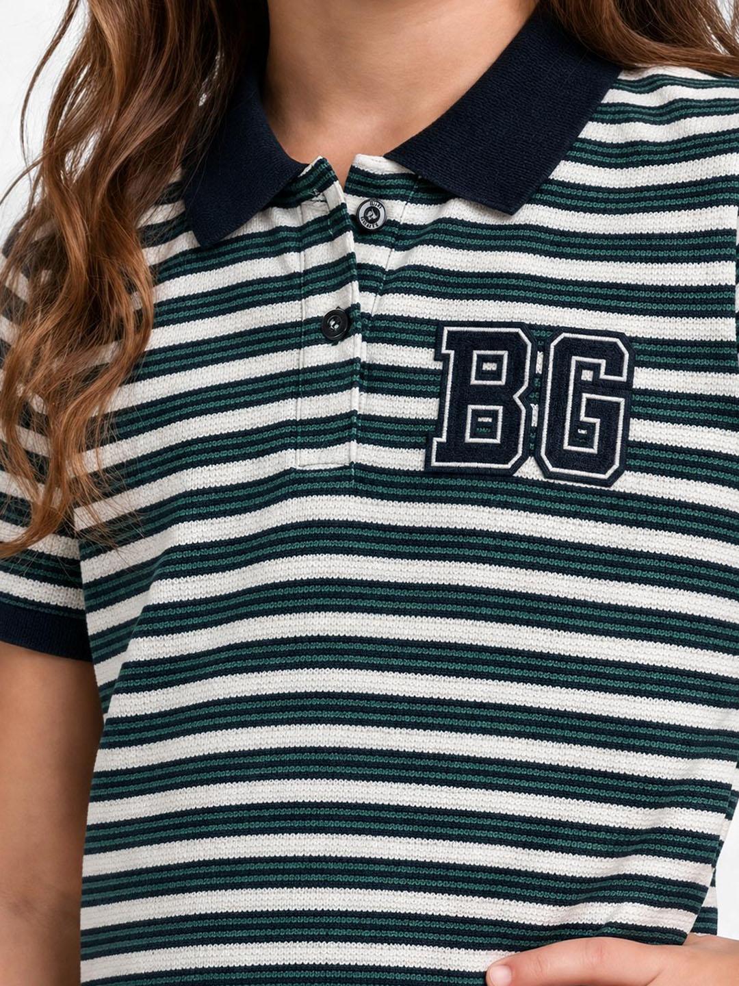 Blue Giraffe Girls Green Striped Straight Fit Stretchable Dress