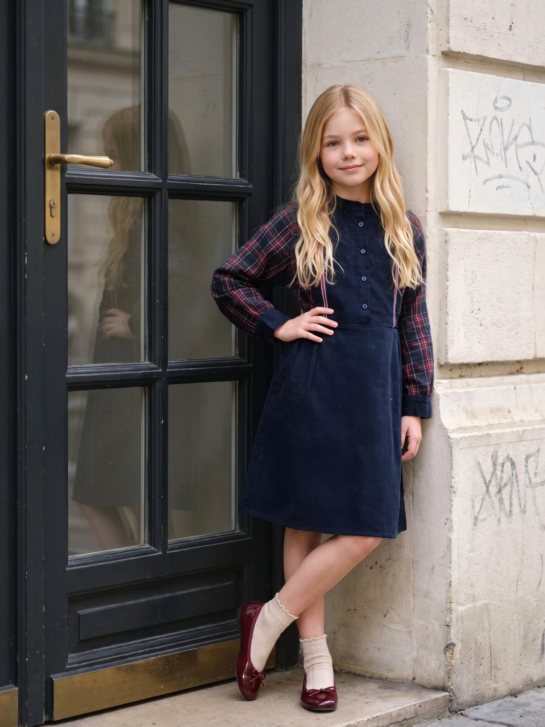 Blue Giraffe Girls Navy Blue Check Flared Cotton Dress
