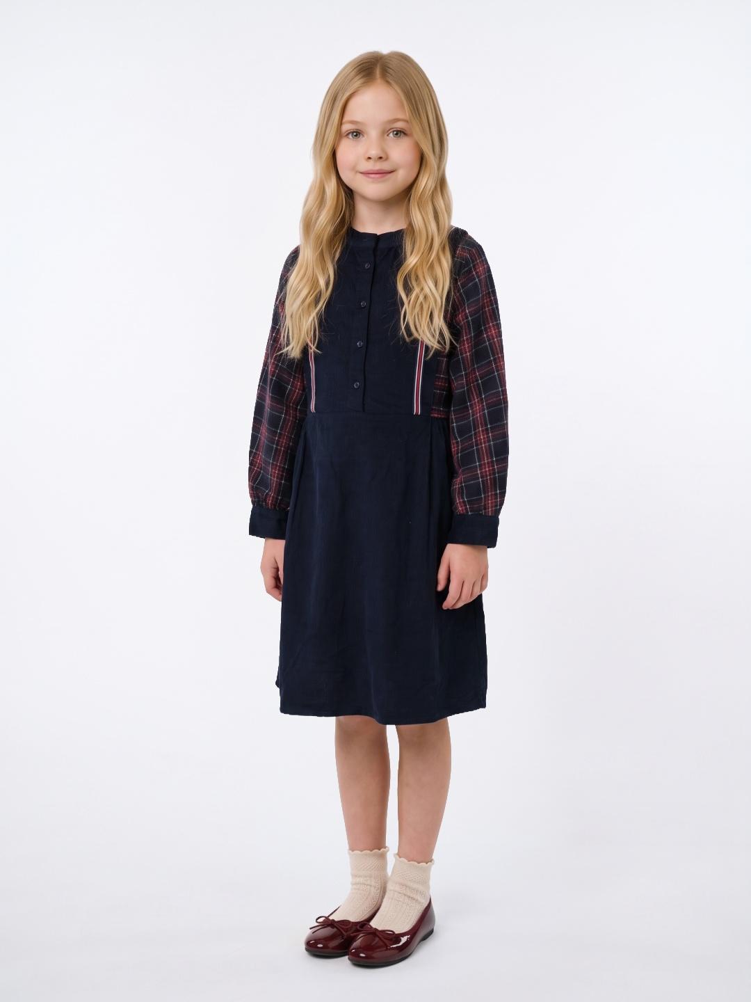 Blue Giraffe Girls Navy Blue Check Flared Cotton Dress