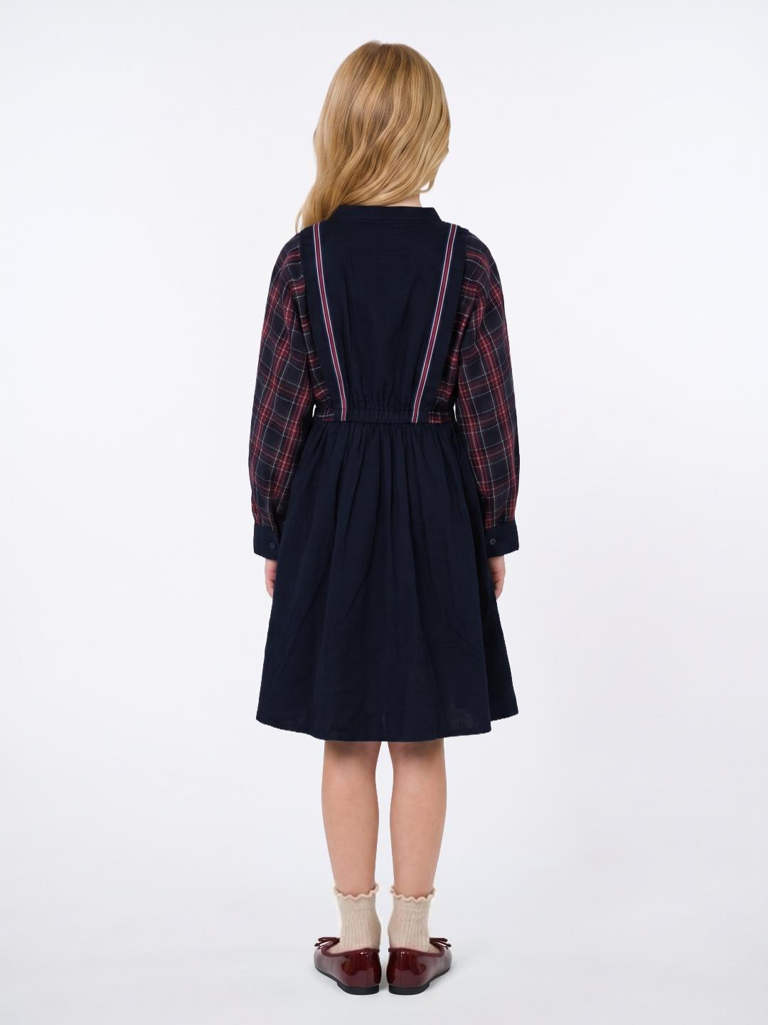 Blue Giraffe Girls Navy Blue Check Flared Cotton Dress