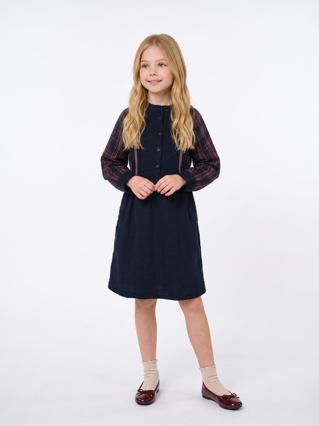 Blue Giraffe Girls Navy Blue Check Flared Cotton Dress