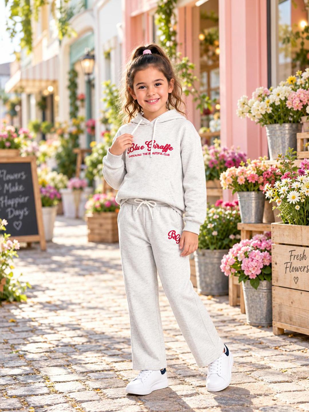 Blue Giraffe Girls Off White Solid Regular Fit Trouser