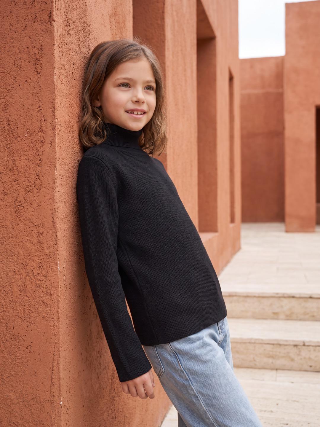 Blue Giraffe Girls Black Solid Regular Fit Sweater