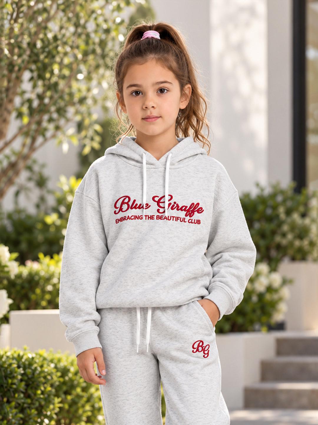 Blue Giraffe Girls White Graphic Regular Fit Hoodie