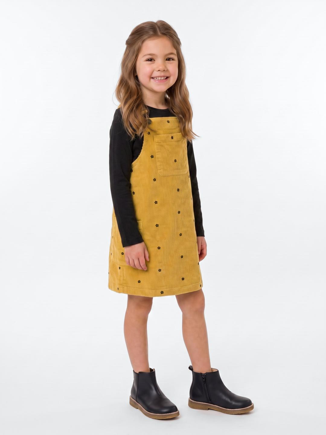 Blue Giraffe Girls Yellow Floral Regular Fit Cotton Dress