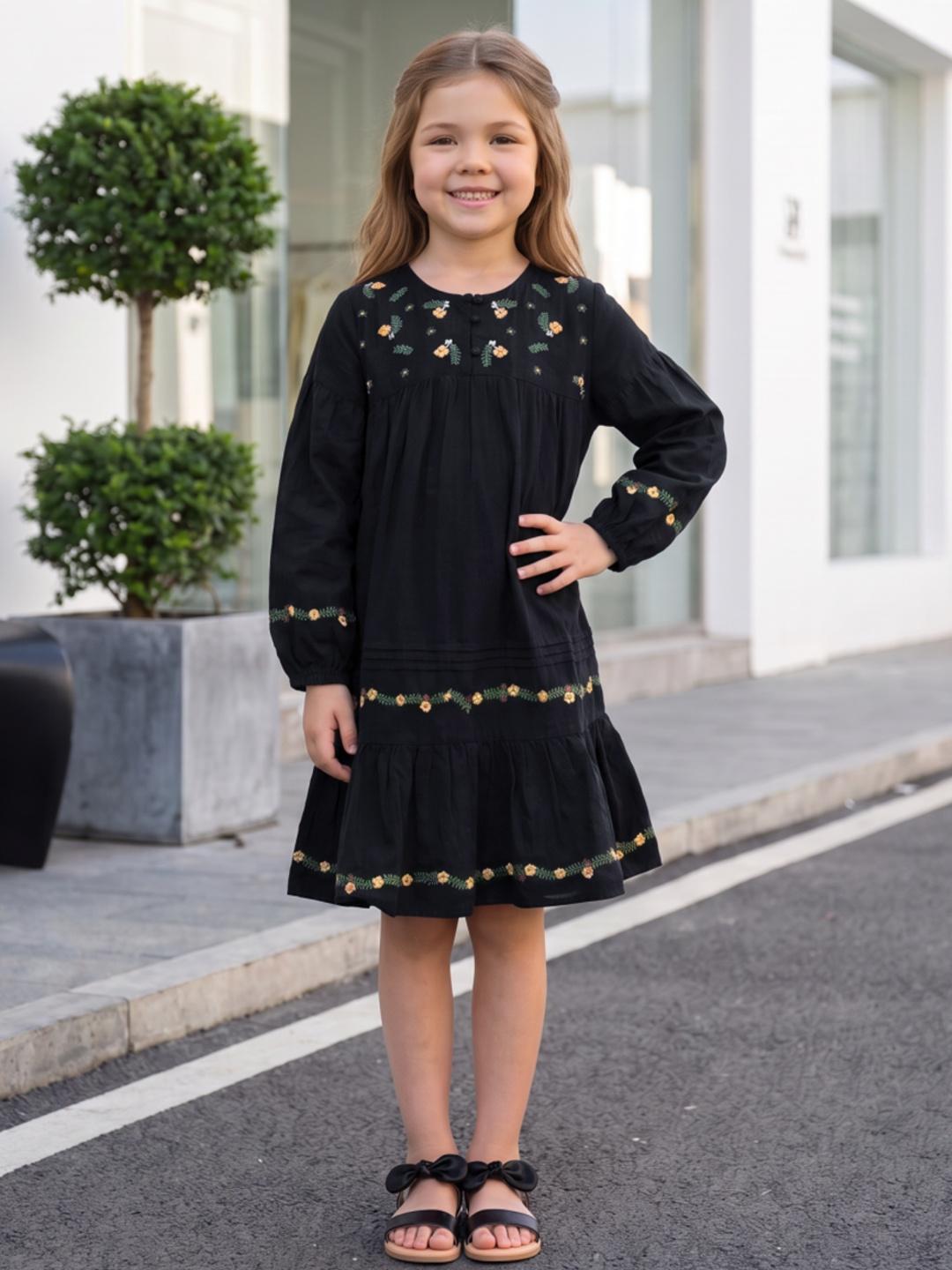 Blue Giraffe Girls Black Fit & Flared Embroidered Dress