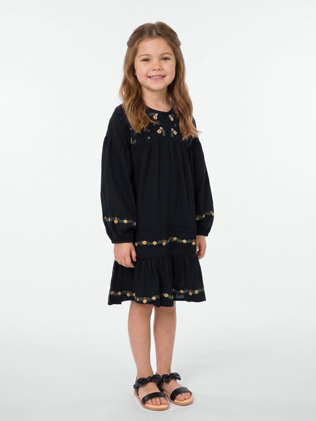 Blue Giraffe Girls Black Fit & Flared Embroidered Dress