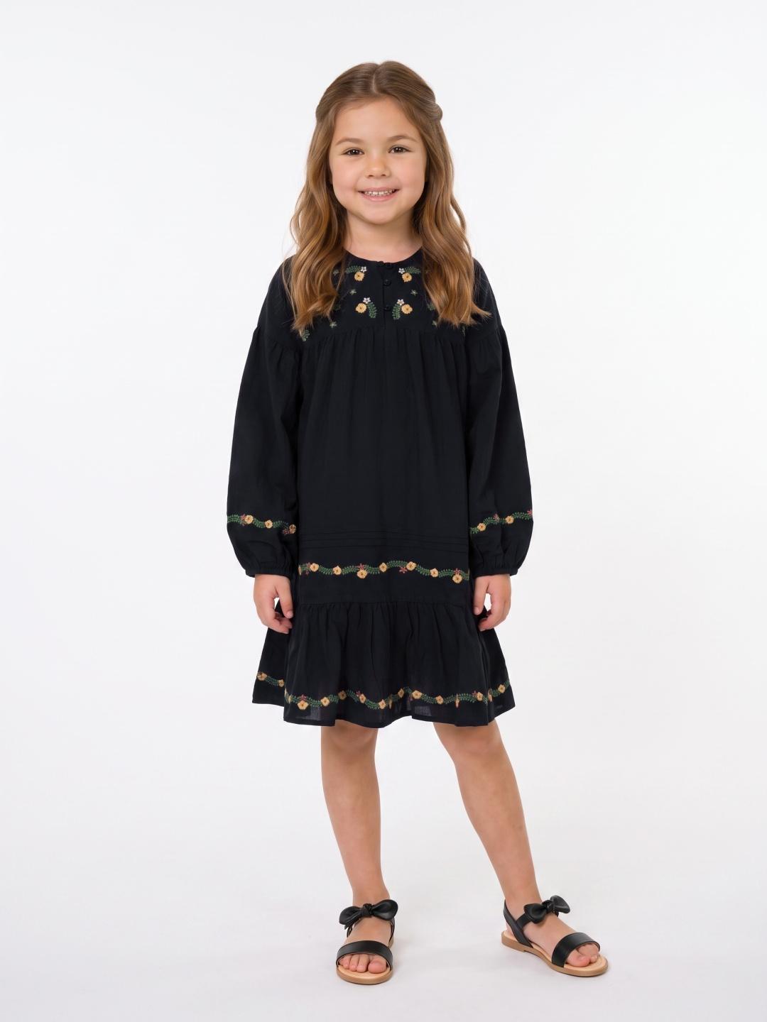 Blue Giraffe Girls Black Fit & Flared Embroidered Dress