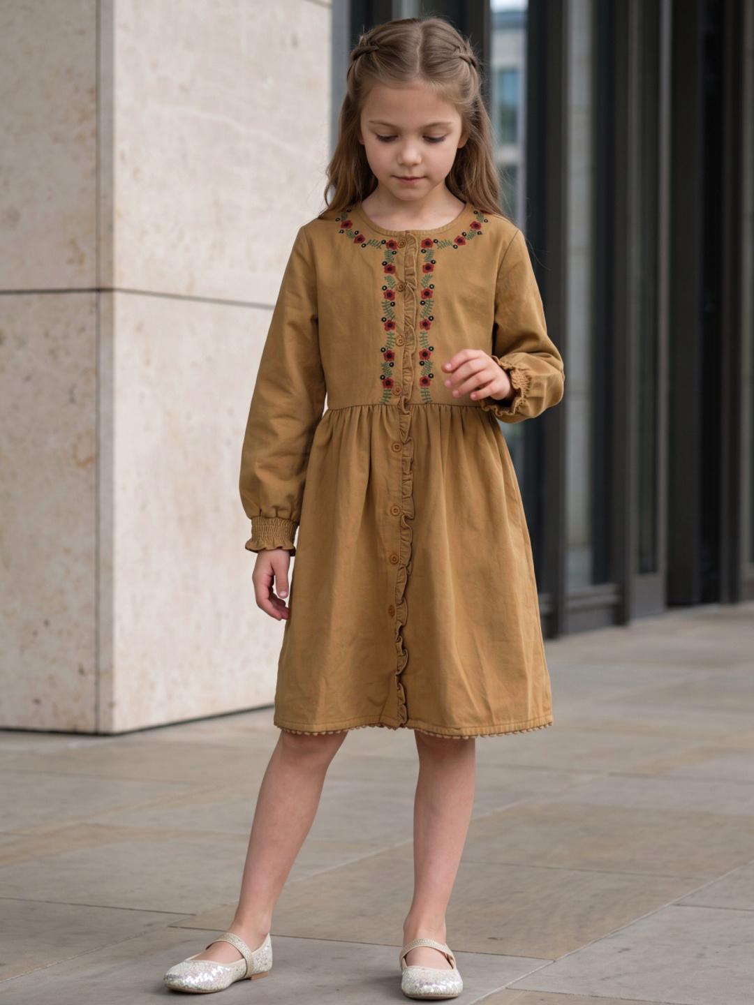 Blue Giraffe Girls Mustard Fit & Flare Embroidered Dress