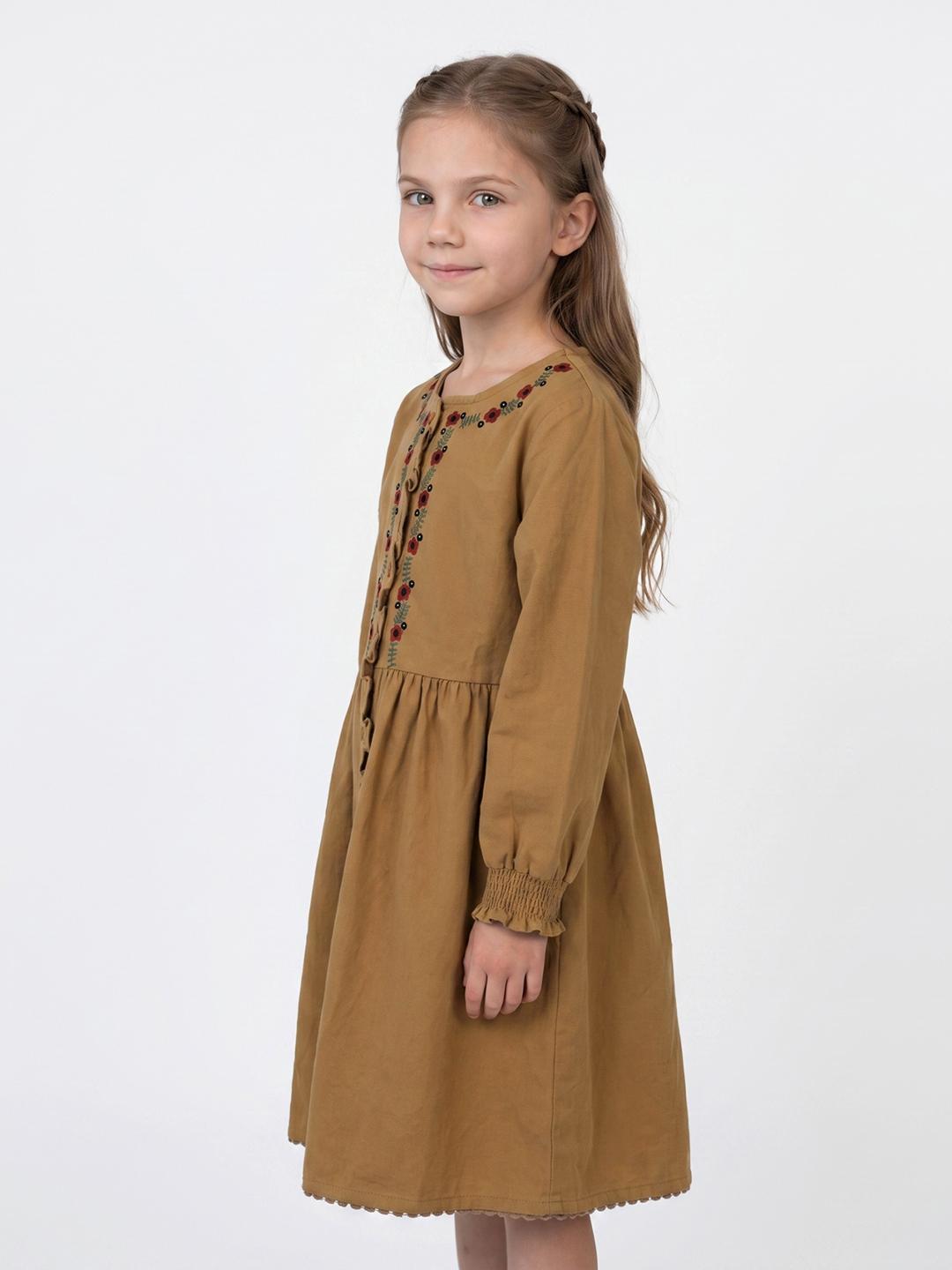 Blue Giraffe Girls Mustard Fit & Flare Embroidered Dress