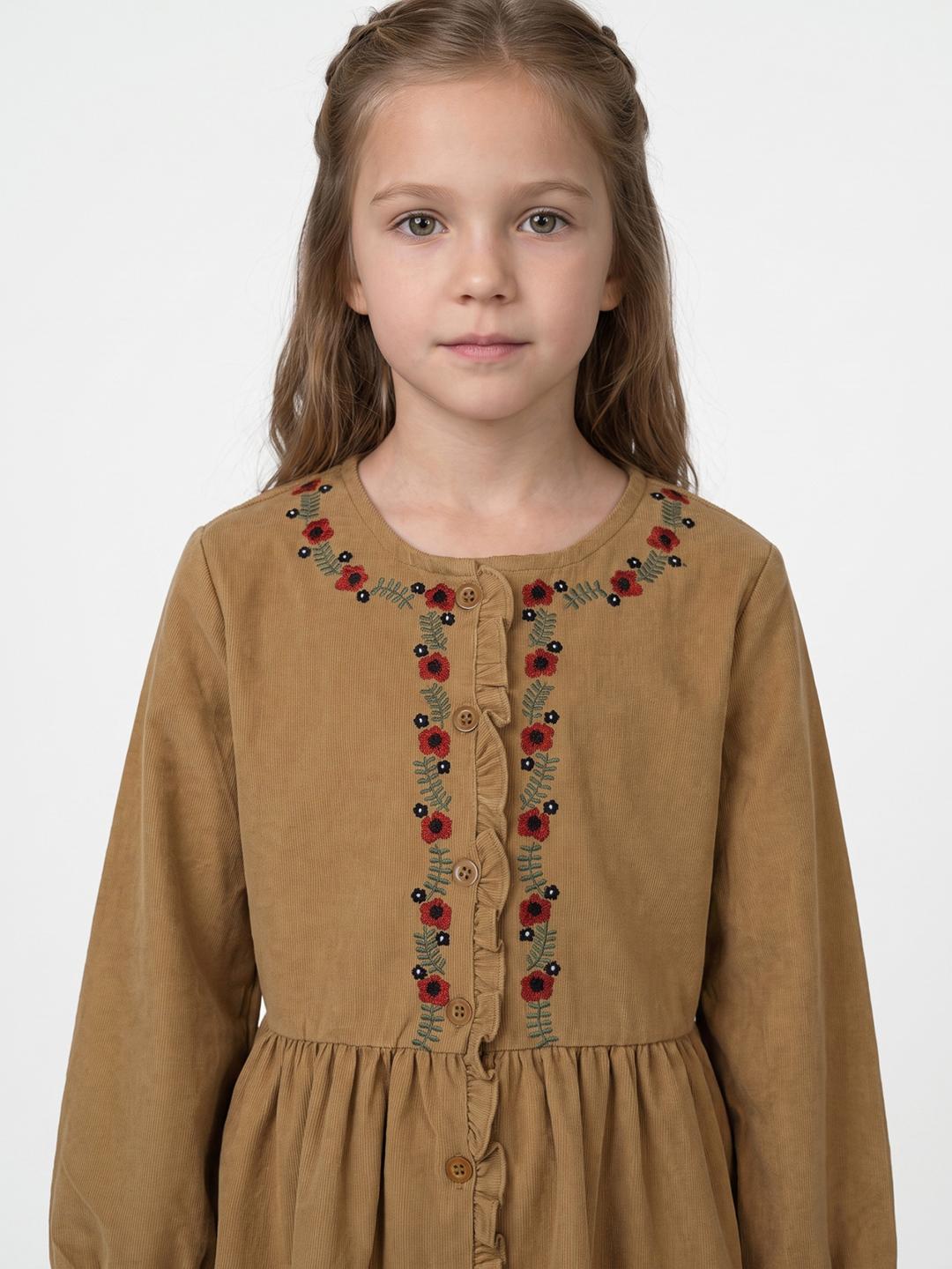 Blue Giraffe Girls Mustard Fit & Flare Embroidered Dress