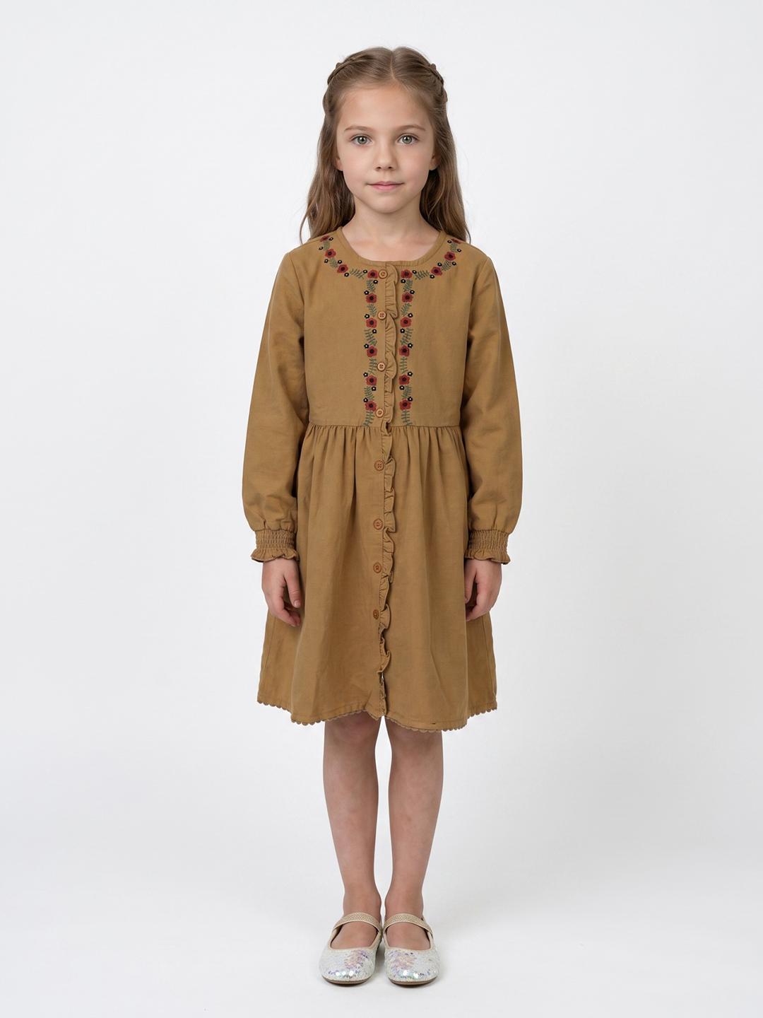 Blue Giraffe Girls Mustard Fit & Flare Embroidered Dress