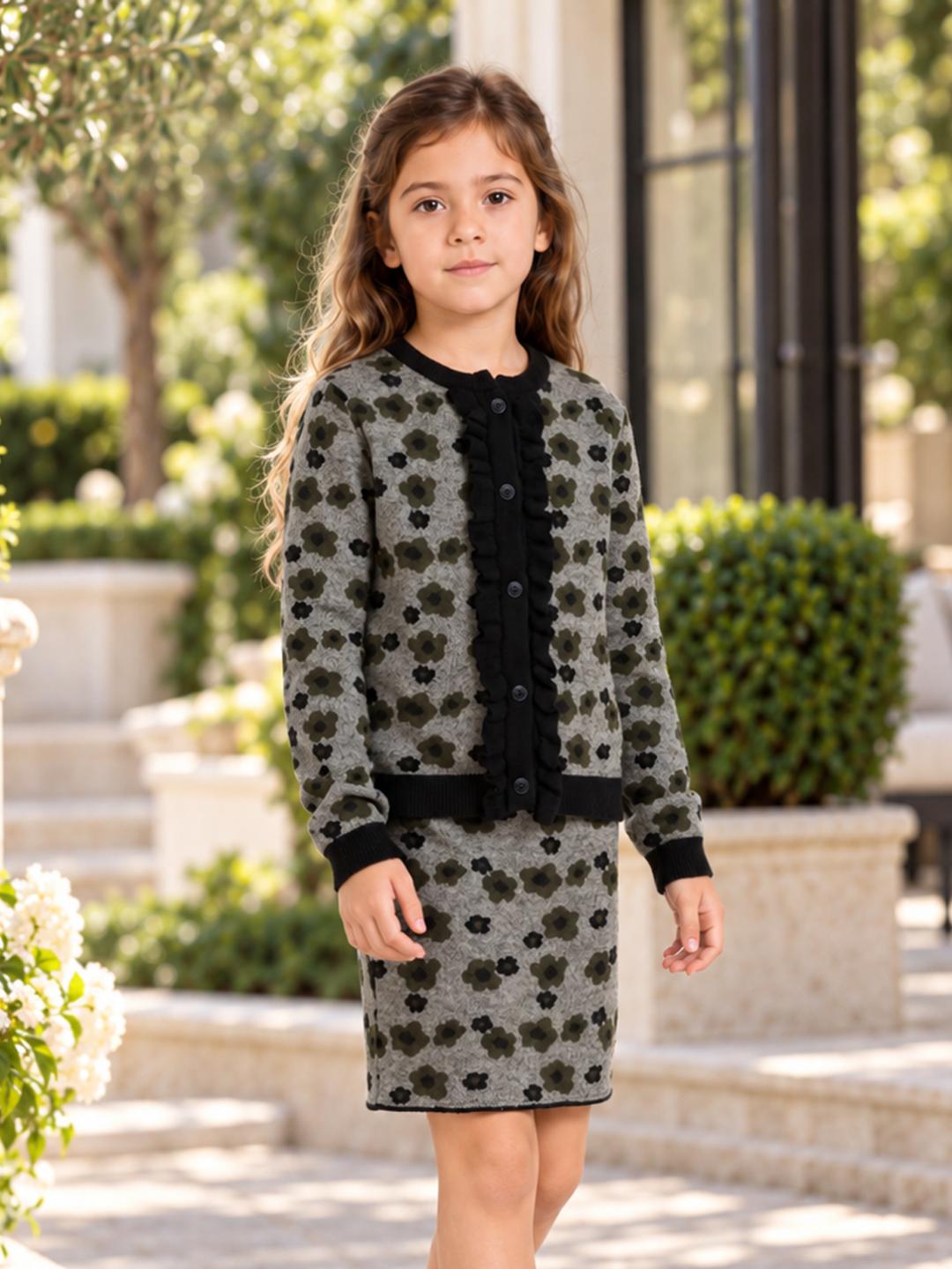 Blue Giraffe Girls Green Floral Regular Fit Cardigan