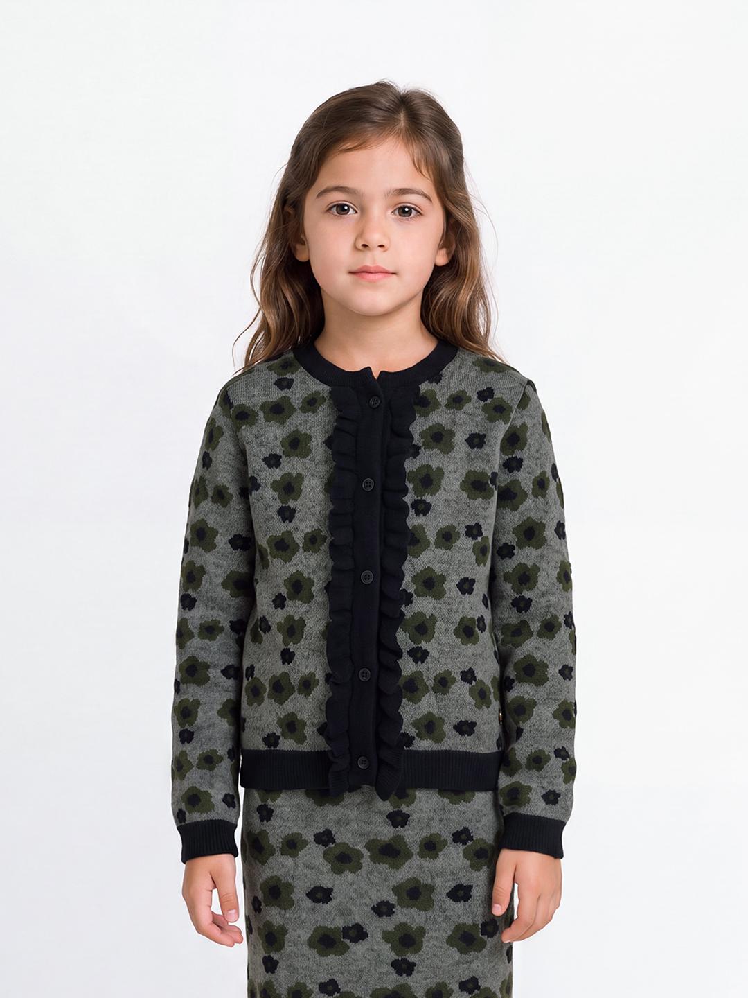 Blue Giraffe Girls Green Floral Regular Fit Cardigan